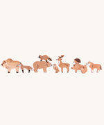 Bajo Wild Animals Forest Set. A set of 10 wooden forest animal figures that include: Fox, Wolf, Bison, Squirrel, Hedgehog Deer, Hog, Owl, Raccoon and Bear. These heirloom quality toys by Bajo are part of a wide range of wooden toys available here at Babipur.