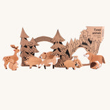 Bajo Wild Animals Forest Set. A set of 10 wooden forest animal figures that include: Fox, Wolf, Bison, Squirrel, Hedgehog Deer, Hog, Owl, Raccoon and Bear. These heirloom quality toys by Bajo are part of a wide range of wooden toys available here at Babipur.