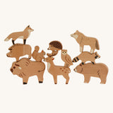 Bajo Wild Animals Forest Set. A set of wooden forest animal figures stacked on top of each other and include: Fox, Wolf, Bison, Squirrel, Deer, Hog, Hedgehog, Owl, Raccoon and Bear. These heirloom quality toys by Bajo are part of a wide range of wooden toys available here at Babipur.