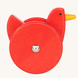 Side view of the Bajo Red Wobbling Chicken. A red push along wooden chicken toy that bob up and down when pushed along.  These heirloom quality toys by Bajo are part of a wide range of wooden toys available here at Babipur.