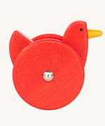 Side view of the Bajo Red Wobbling Chicken. A red push along wooden chicken toy that bob up and down when pushed along.  These heirloom quality toys by Bajo are part of a wide range of wooden toys available here at Babipur.