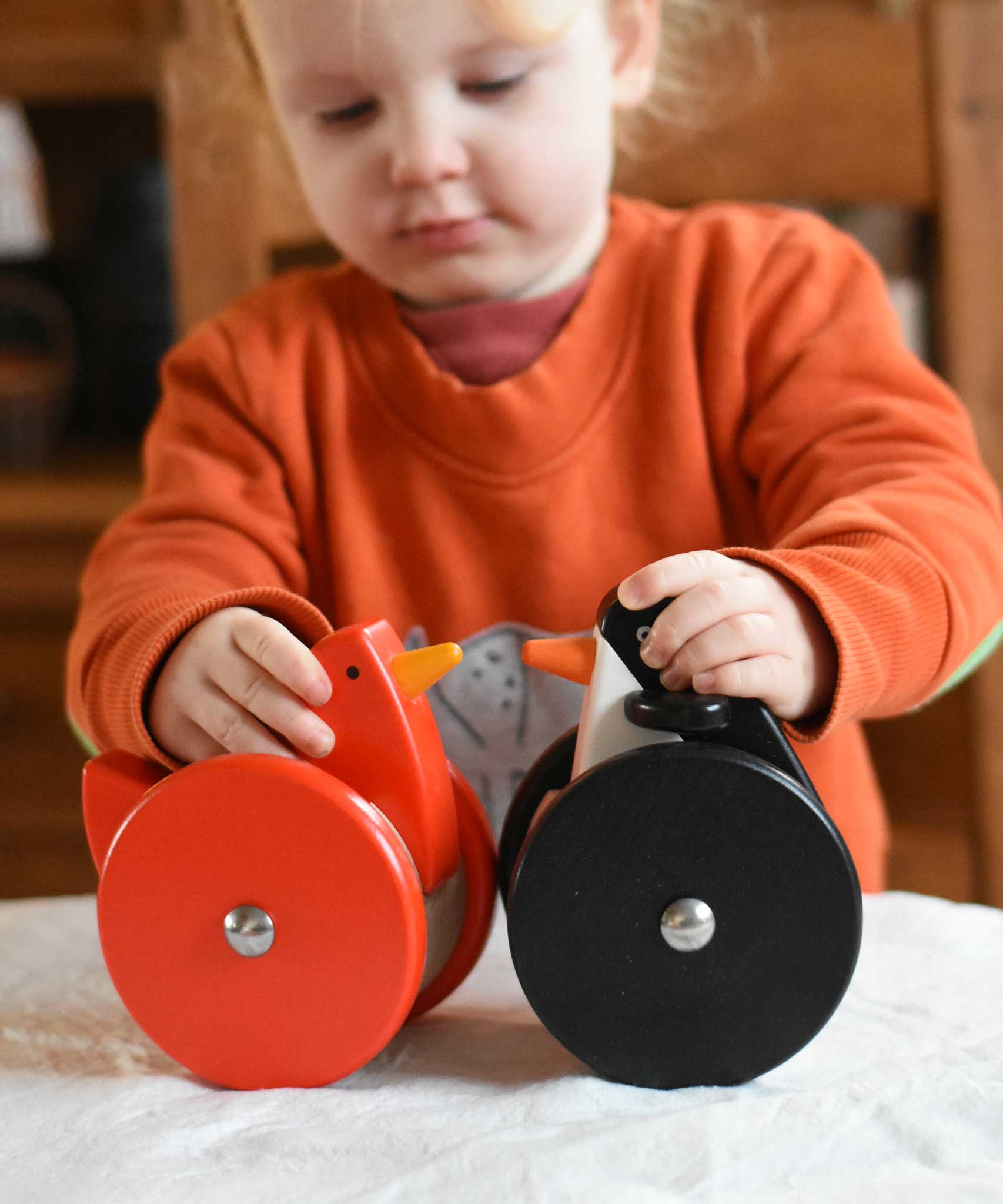 A child playing with the Bajo Red Wobbling Chicken and wobbling penguin toy. A red push along wooden chicken toy that bob up and down when pushed along.  These heirloom quality toys by Bajo are part of a wide range of wooden toys available here at Babipur.