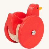 Bajo Red Wobbling Chicken. A red push along wooden chicken toy that bob up and down when pushed along.  These heirloom quality toys by Bajo are part of a wide range of wooden toys available here at Babipur.
