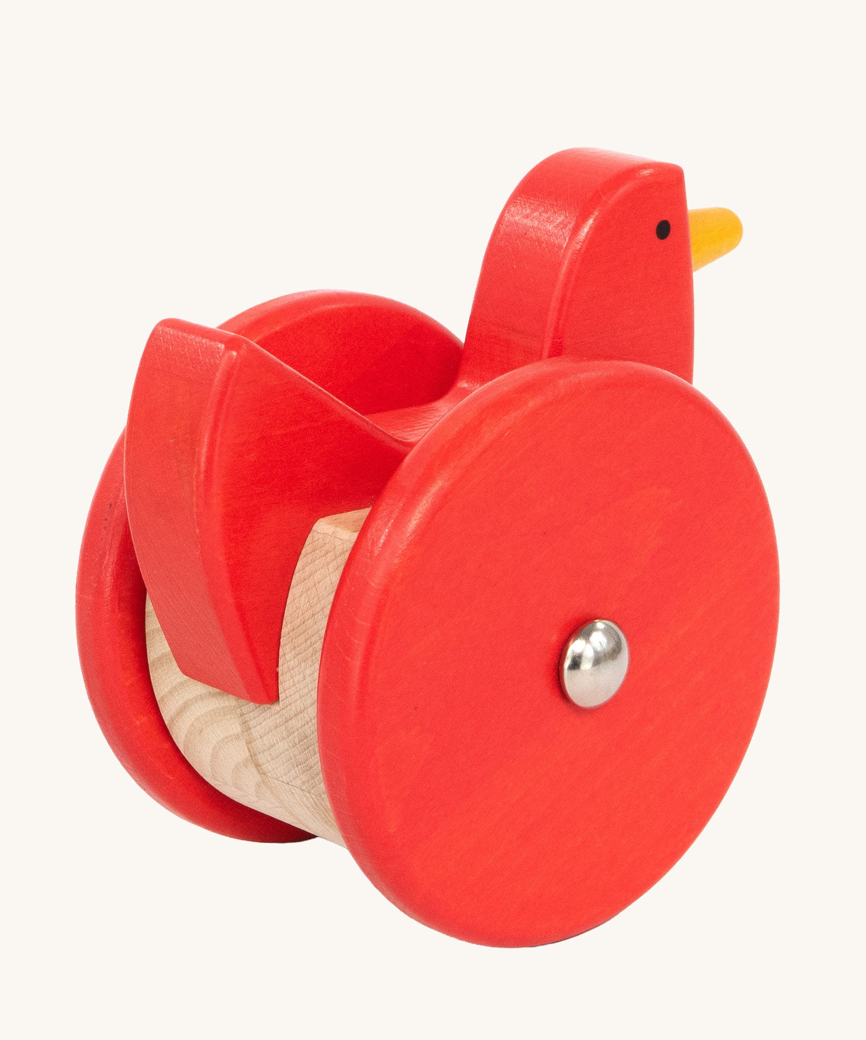 Bajo Red Wobbling Chicken. A red push along wooden chicken toy that bob up and down when pushed along.  These heirloom quality toys by Bajo are part of a wide range of wooden toys available here at Babipur.