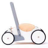 Bajo Monochrome Baby Walker. A wooden push along baby walker with natural wood, white, grey and black details. These heirloom quality toys by Bajo are part of a wide range of wooden toys available here at Babipur. 