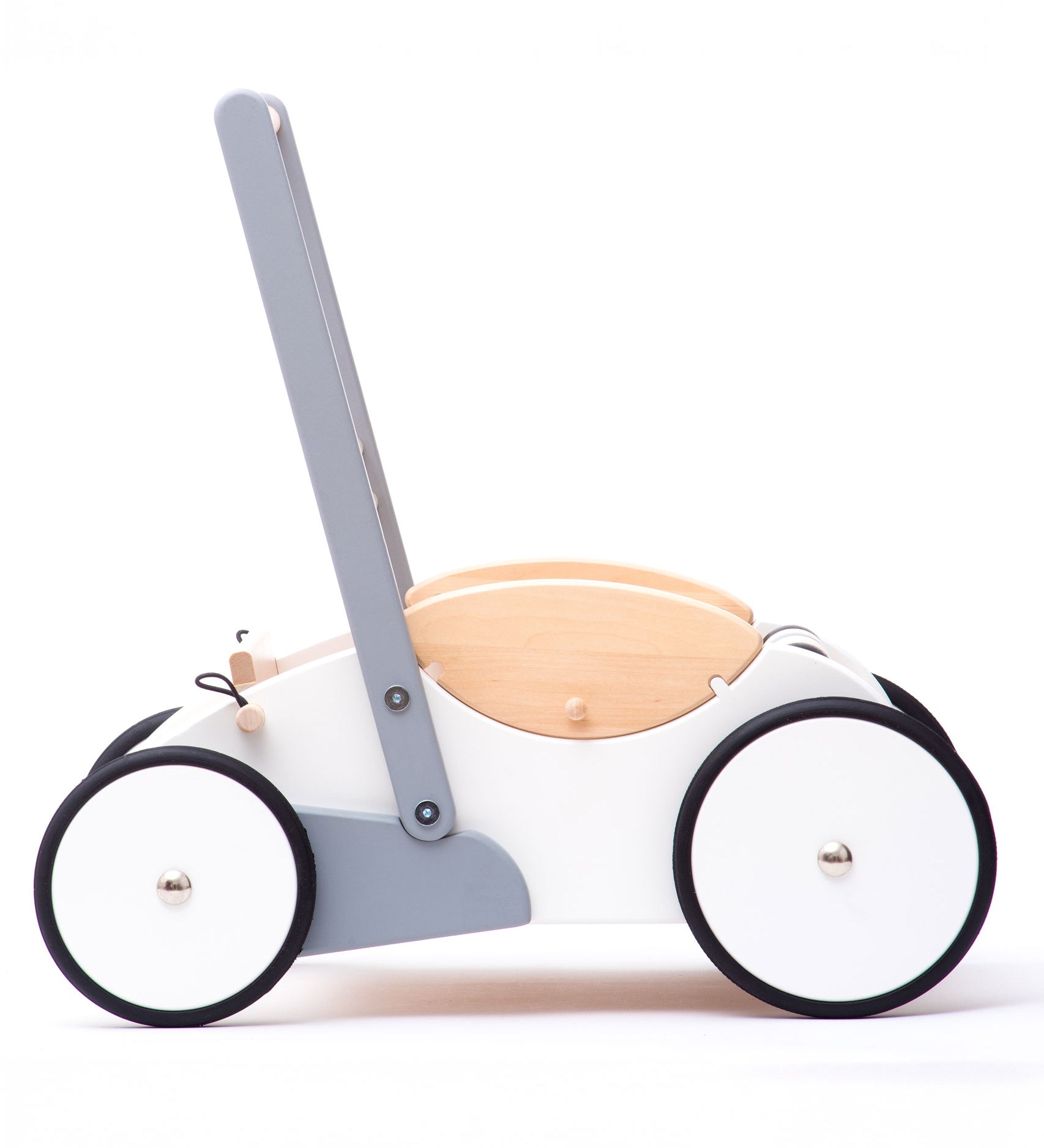 Bajo Monochrome Baby Walker. A wooden push along baby walker with natural wood, white, grey and black details. These heirloom quality toys by Bajo are part of a wide range of wooden toys available here at Babipur. 