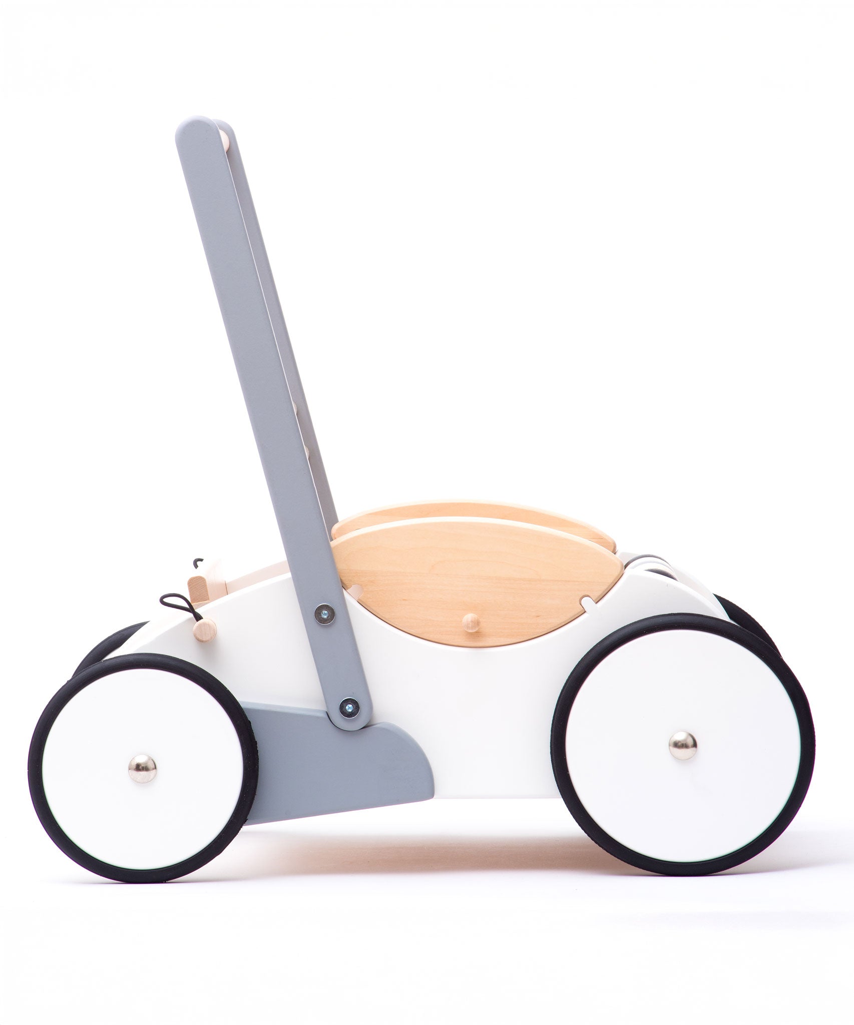 Bajo Monochrome Baby Walker. A wooden push along baby walker with natural wood, white, grey and black details. These heirloom quality toys by Bajo are part of a wide range of wooden toys available here at Babipur. 