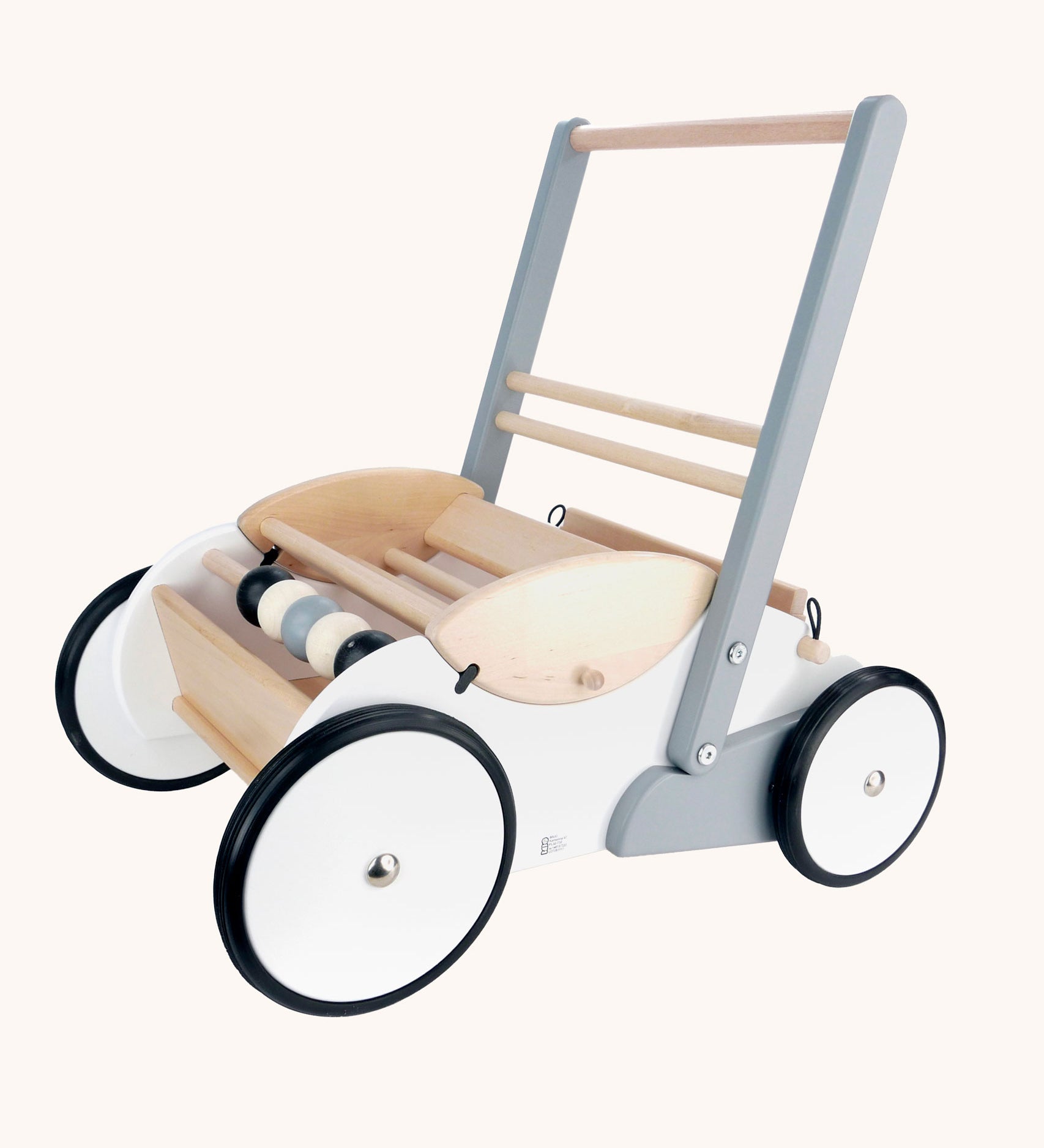Bajo Monochrome Baby Walker. A wooden push along baby walker with natural wood, white, grey and black details. These heirloom quality toys by Bajo are part of a wide range of wooden toys available here at Babipur. 