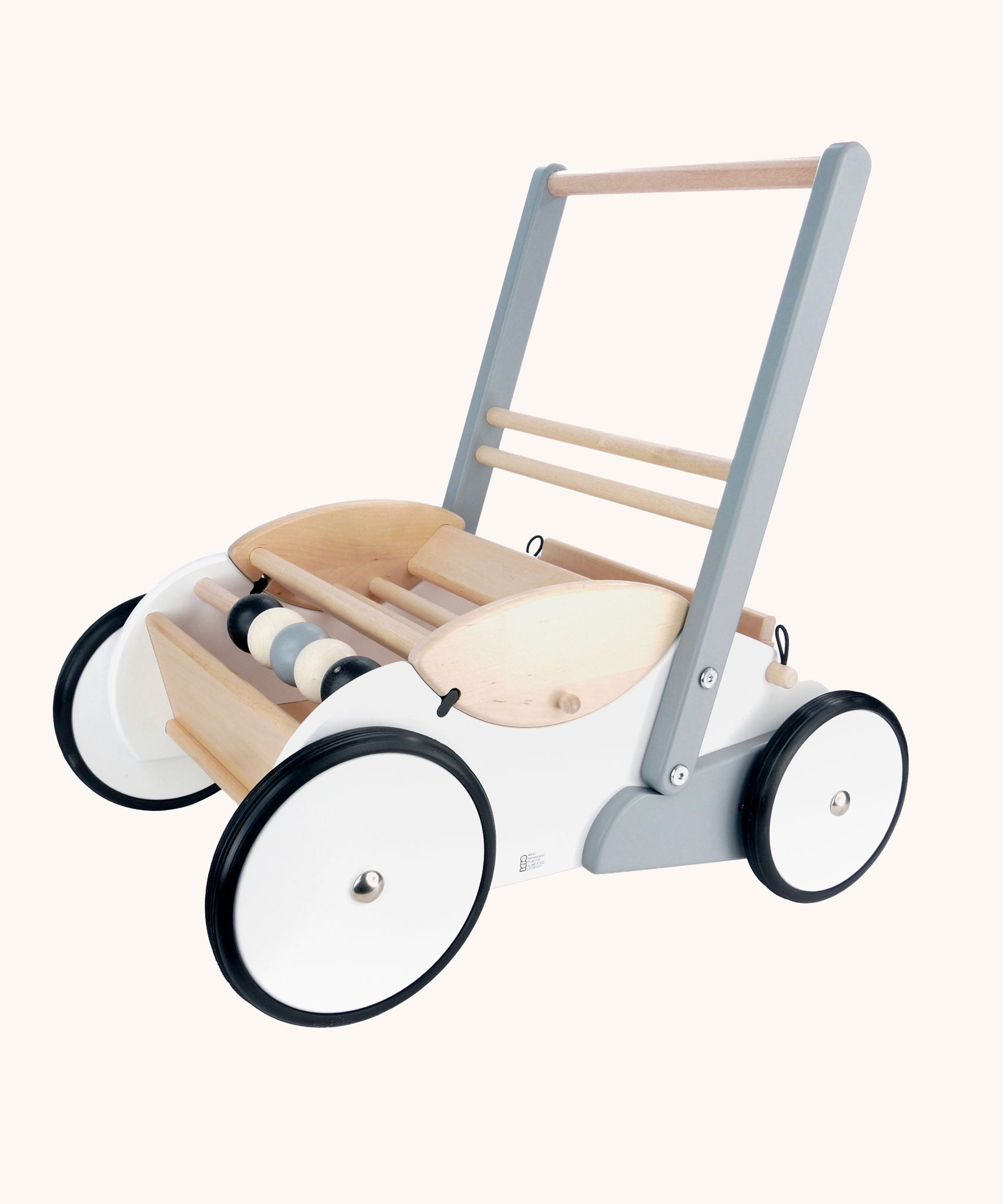 Bajo Monochrome Baby Walker. A wooden push along baby walker with natural wood, white, grey and black details. These heirloom quality toys by Bajo are part of a wide range of wooden toys available here at Babipur. 