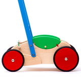 Bajo wooden Baby Walker. A natural wooden walker with red and blue details and red wheels. These heirloom quality toys by Bajo are part of a wide range of wooden toys available here at Babipur. 