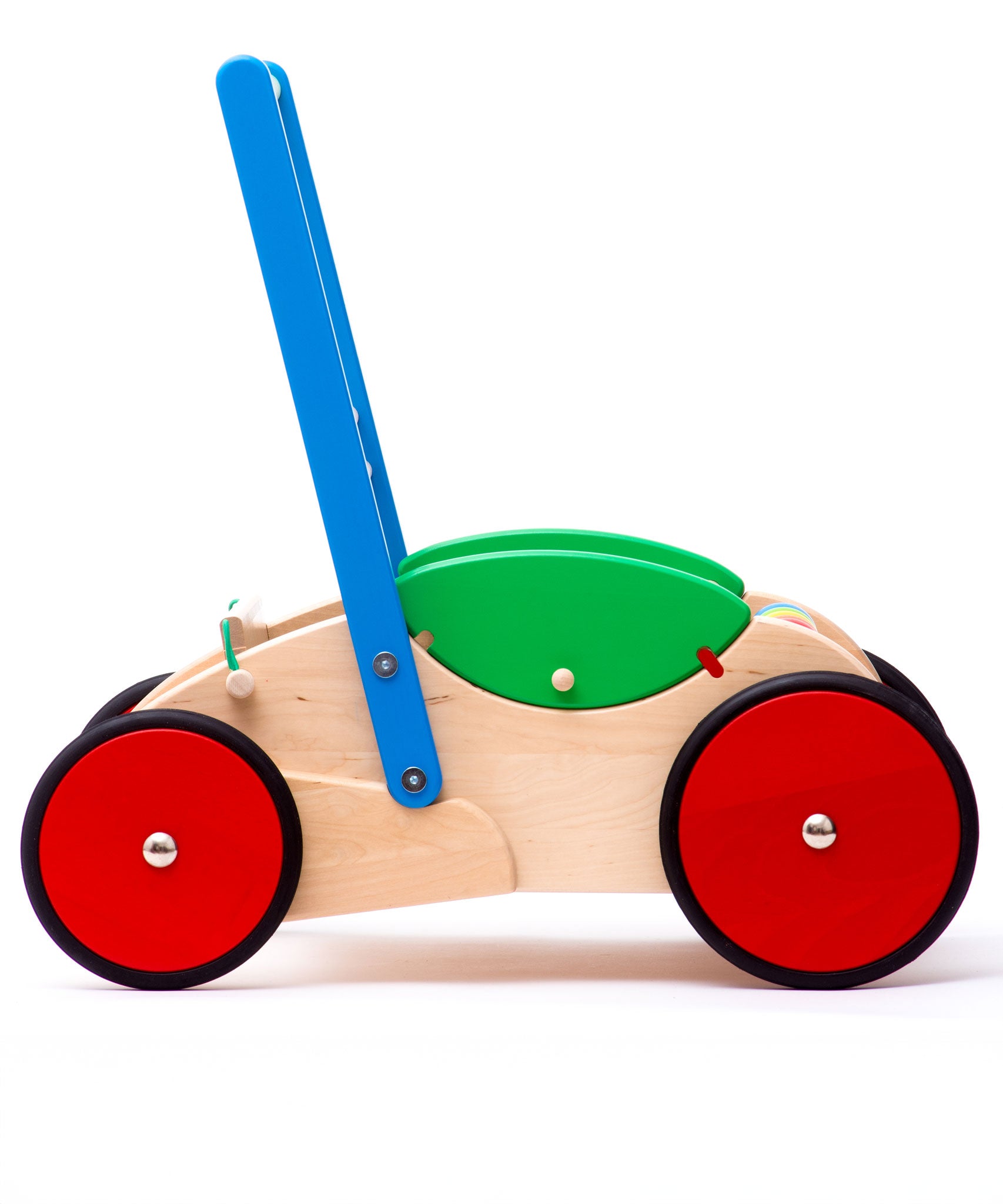 Bajo wooden Baby Walker. A natural wooden walker with red and blue details and red wheels. These heirloom quality toys by Bajo are part of a wide range of wooden toys available here at Babipur. 