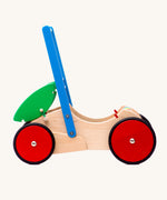 Bajo wooden Baby Walker. A natural wooden walker with red and blue details and red wheels. These heirloom quality toys by Bajo are part of a wide range of wooden toys available here at Babipur. 