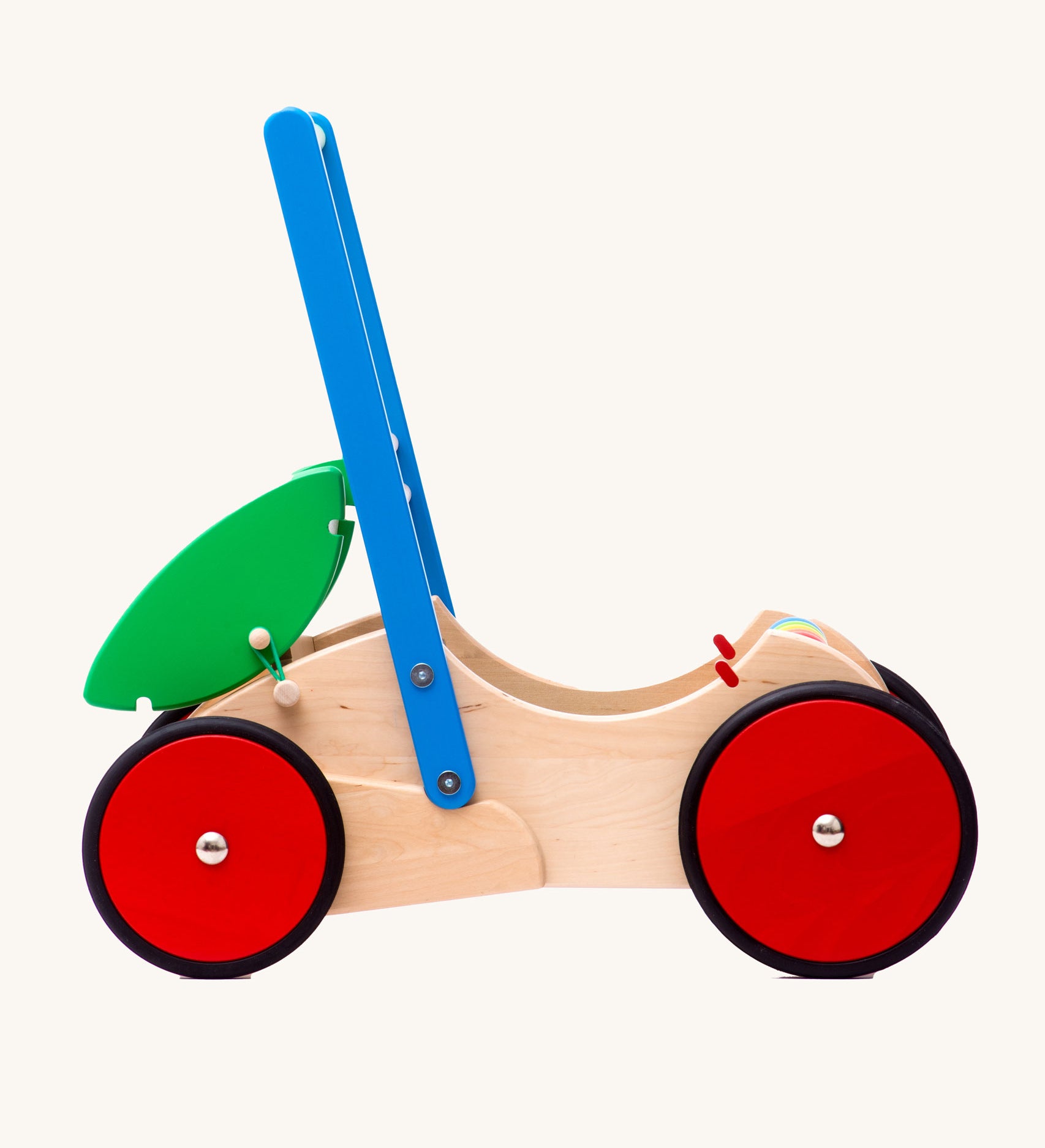 Bajo wooden Baby Walker. A natural wooden walker with red and blue details and red wheels. These heirloom quality toys by Bajo are part of a wide range of wooden toys available here at Babipur. 