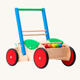Bajo wooden Baby Walker. A natural wooden walker with red and blue details and red wheels. These heirloom quality toys by Bajo are part of a wide range of wooden toys available here at Babipur. 