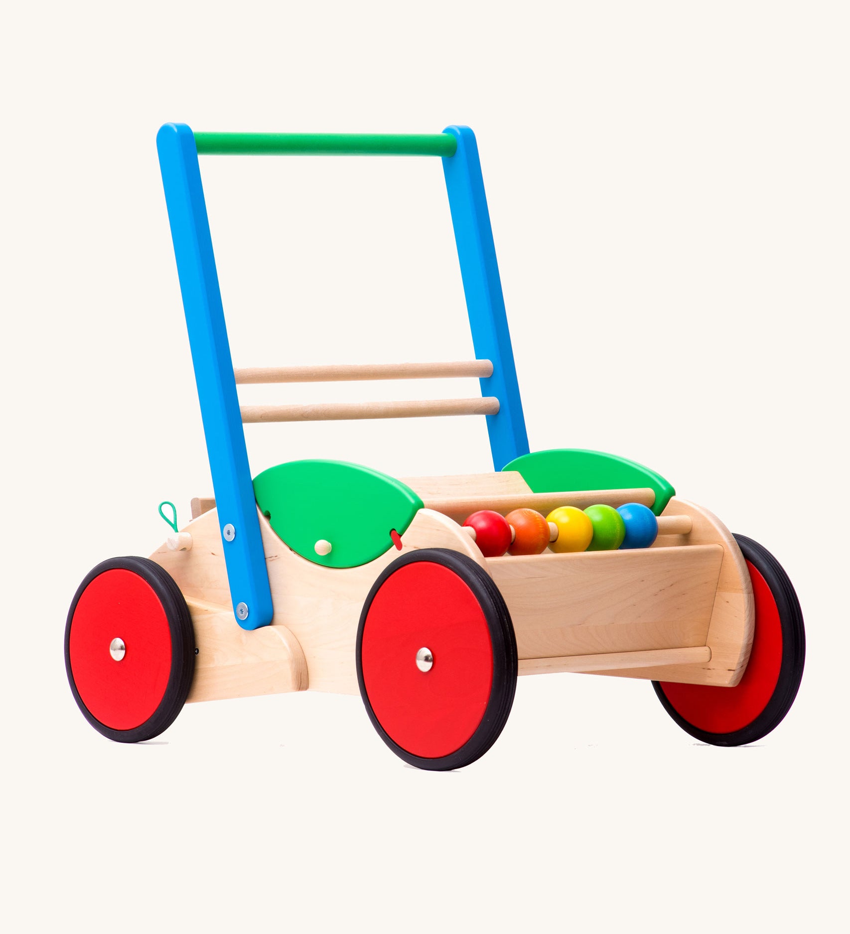 Bajo wooden Baby Walker. A natural wooden walker with red and blue details and red wheels. These heirloom quality toys by Bajo are part of a wide range of wooden toys available here at Babipur. 