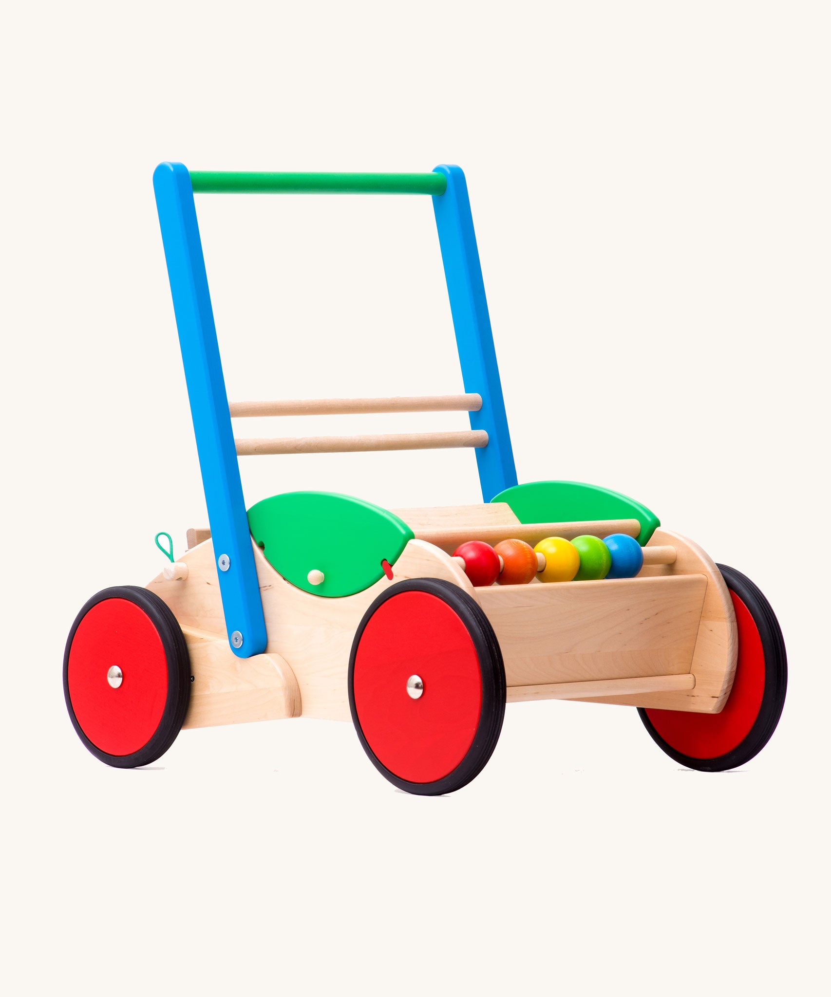 Bajo wooden Baby Walker. A natural wooden walker with red and blue details and red wheels. These heirloom quality toys by Bajo are part of a wide range of wooden toys available here at Babipur. 