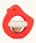 Wooden Bajo Bird Baby Rattle Toy with wooden ball in red.