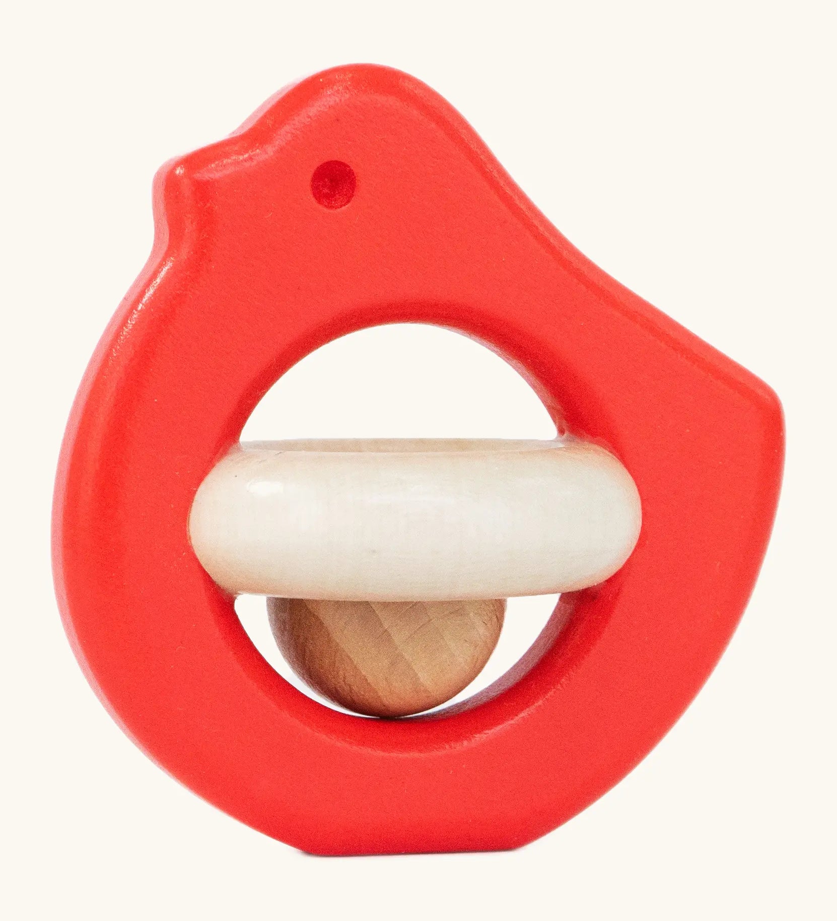 Wooden Bajo Bird Baby Rattle Toy with wooden ball in red.