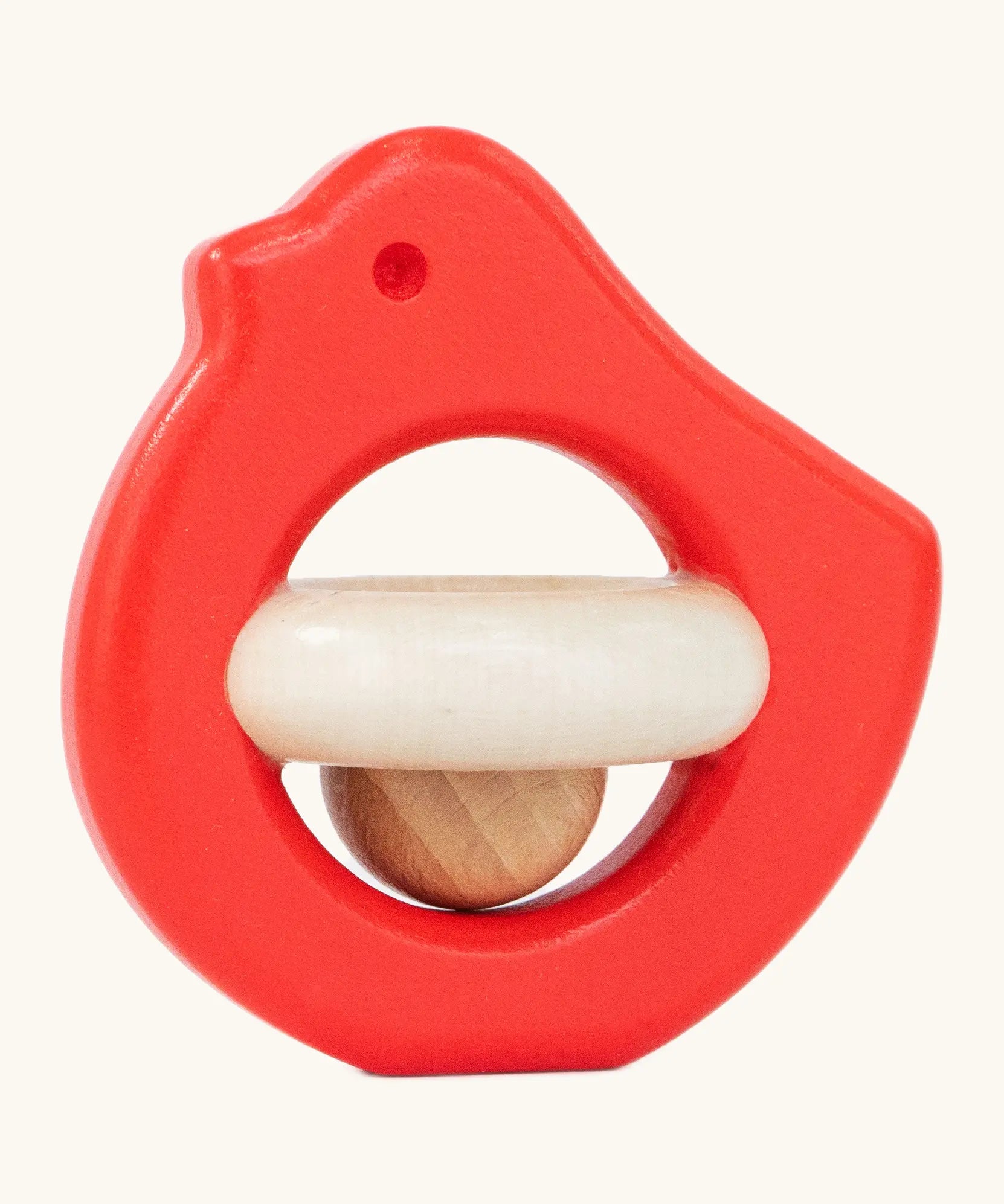 Wooden Bajo Bird Baby Rattle Toy with wooden ball in red.