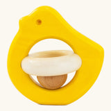 Wooden Bajo Bird Baby Rattle Toy with wooden ball in yellow.