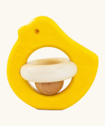 Wooden Bajo Bird Baby Rattle Toy with wooden ball in yellow.