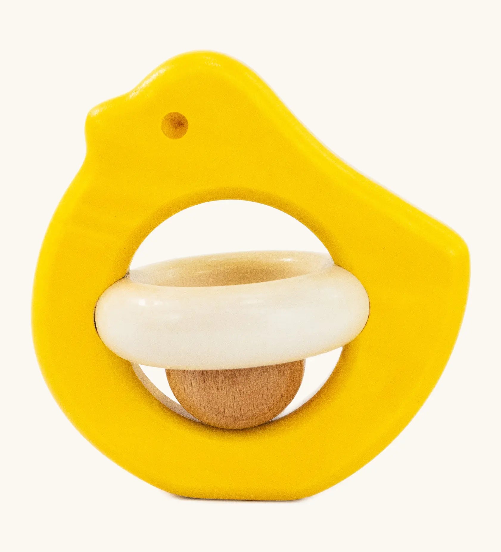 Wooden Bajo Bird Baby Rattle Toy with wooden ball in yellow.