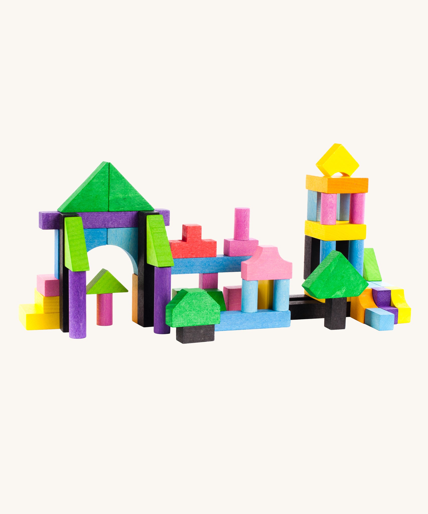 Bajo 102 Blocks. A tub of 102 wooden toy building blocks. The blocks have been used to create a building and a tower structure. These heirloom quality toys by Bajo are part of a wide range of wooden toys available here at Babipur. 