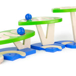 Bajo kids plastic-free wooden dewdrop marble run set laid out on a white background