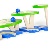 Bajo kids plastic-free wooden dewdrop marble run set laid out on a white background