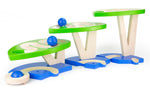 Bajo kids plastic-free wooden dewdrop marble run set laid out on a white background
