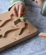 Bajo Wooden Dinosaur Puzzle. Child placing a figure into the shaped slot on the base.