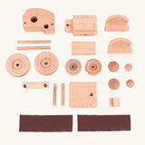 The pieces included in the Bajo DIY Tractor build your own kit. These heirloom quality toys by Bajo are part of a wide range of wooden toys available here at Babipur. 