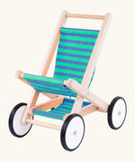 Bajo wooden doll stroller toy with a blue and green stripe cotton seat and shelf, white wooden wheels with black rubber trims. 