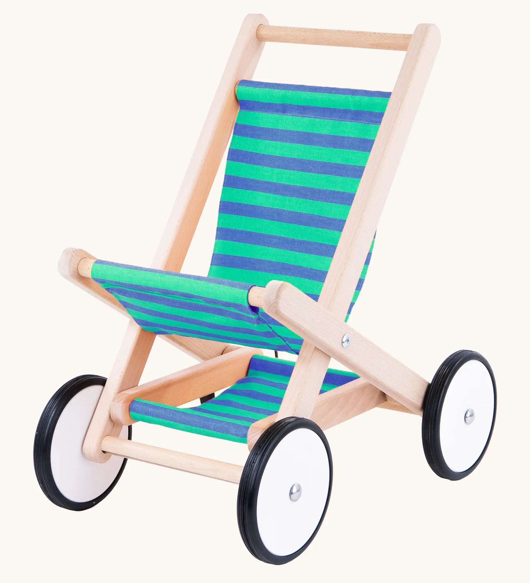 Bajo wooden doll stroller toy with a blue and green stripe cotton seat and shelf, white wooden wheels with black rubber trims. 