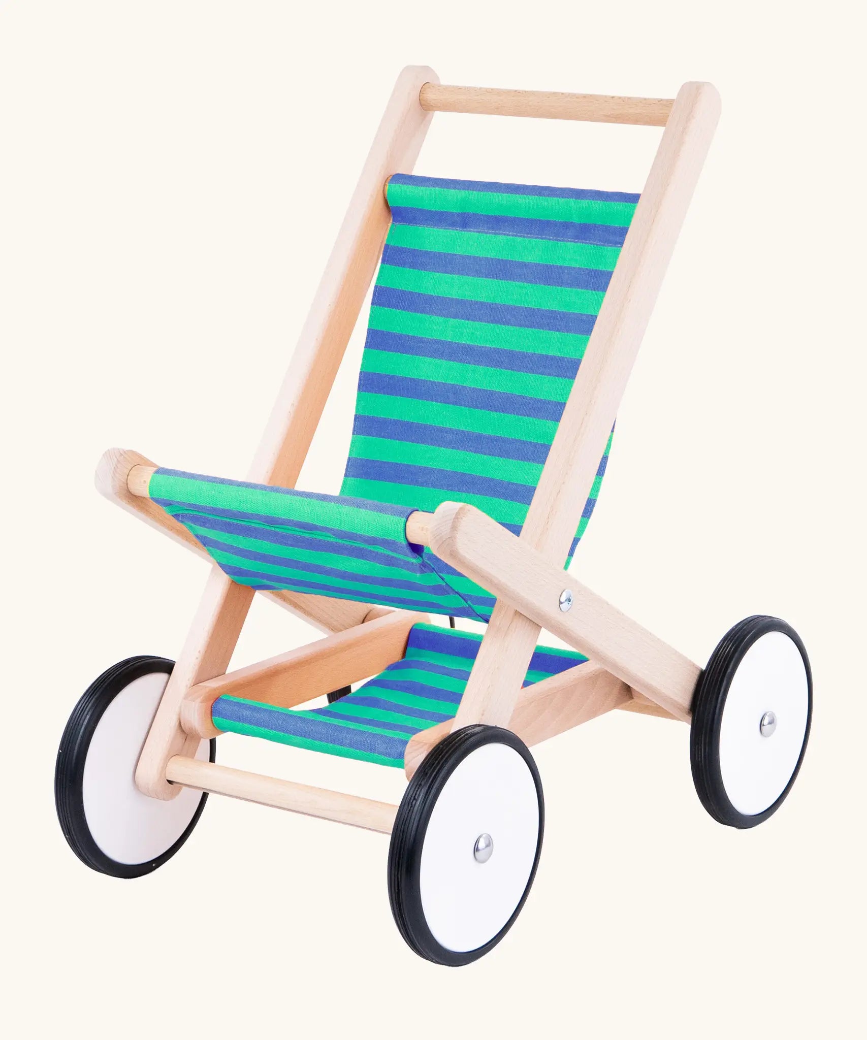 Bajo wooden doll stroller toy with a blue and green stripe cotton seat and shelf, white wooden wheels with black rubber trims. 