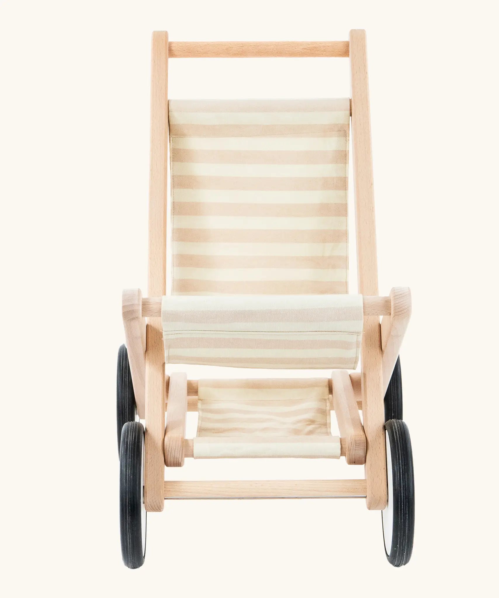Front on view of the Bajo wooden doll stroller toy with a cream and natural stripe cotton seat and shelf, white wooden wheels with black rubber trims. 