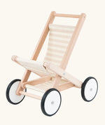 Bajo wooden doll stroller toy with a cream and natural stripe cotton seat and shelf, white wooden wheels with black rubber trims. 
