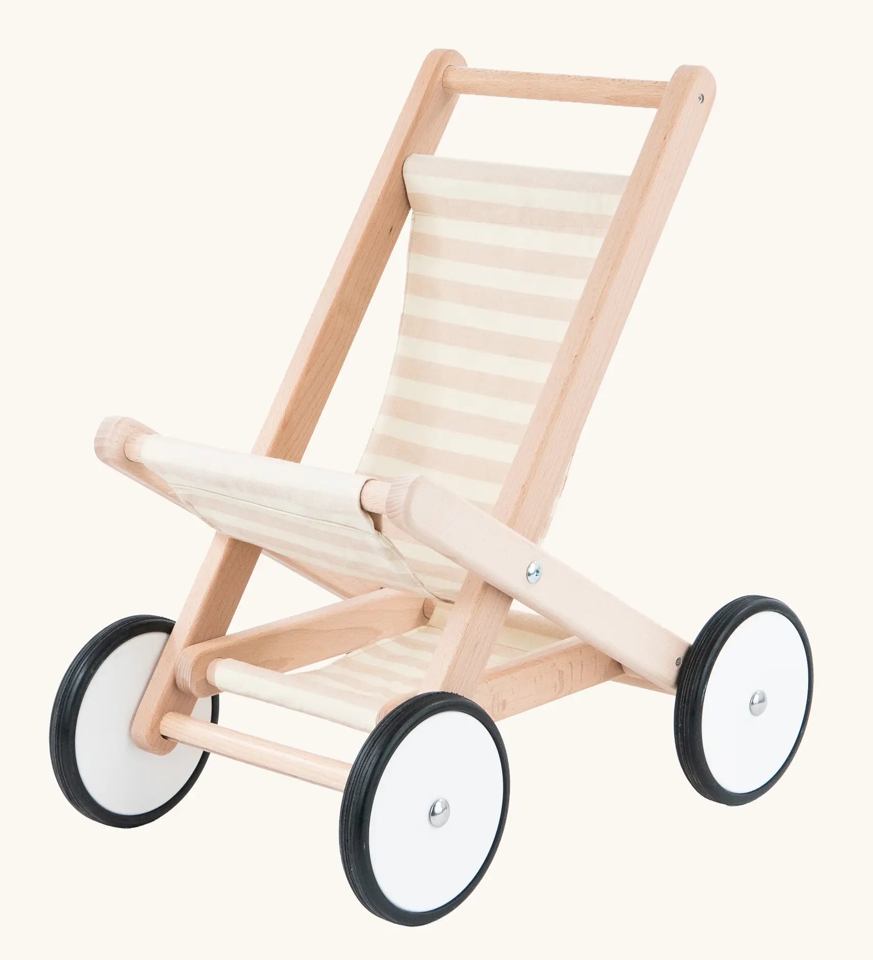Bajo wooden doll stroller toy with a cream and natural stripe cotton seat and shelf, white wooden wheels with black rubber trims. 