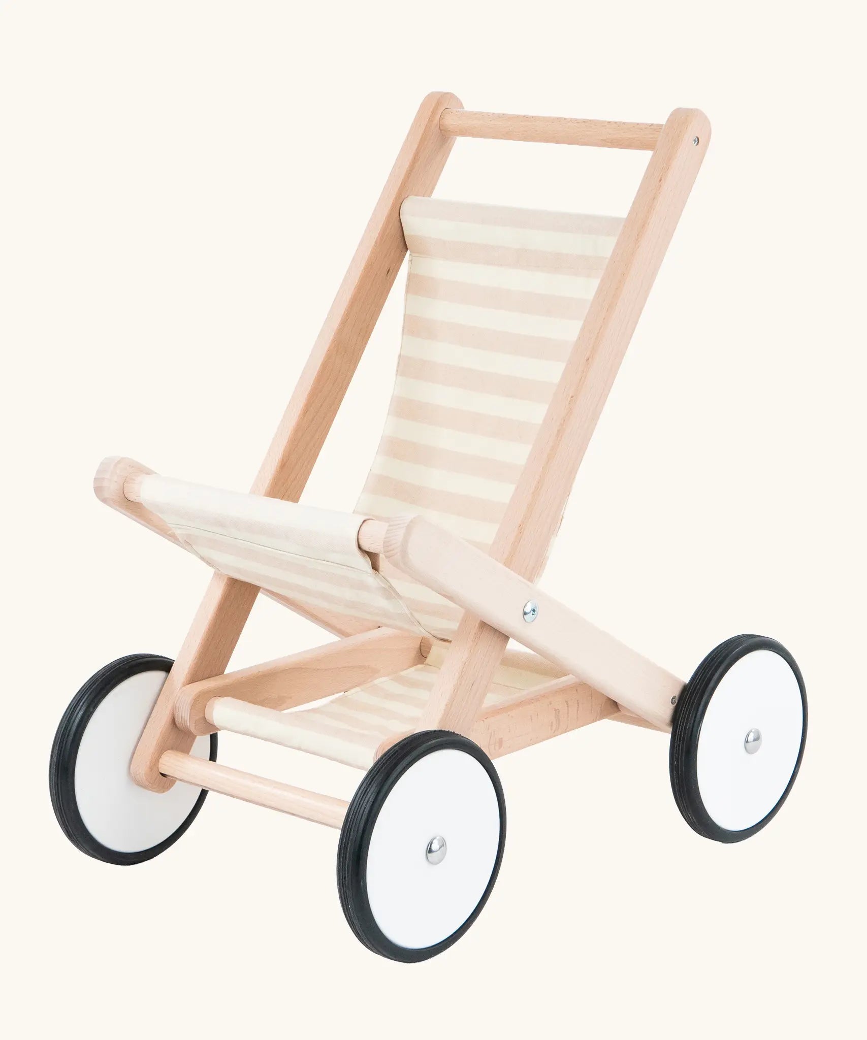 Bajo wooden doll stroller toy with a cream and natural stripe cotton seat and shelf, white wooden wheels with black rubber trims. 