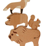  Wooden forest animal figures stacked on top of each other and include: Fox