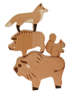  Wooden forest animal figures stacked on top of each other and include: Fox