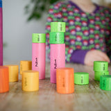 Bajo Fractions Set. A set of coloured wooden blocks marked with fractions on each block. These heirloom quality toys by Bajo are part of a wide range of wooden toys available here at Babipur.