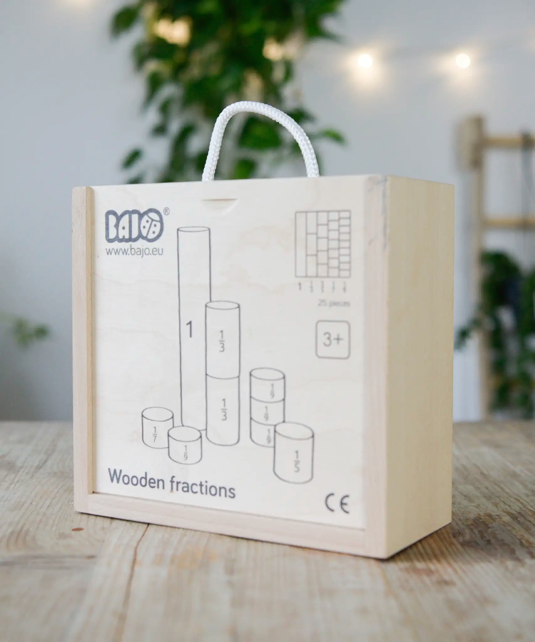 Bajo wooden fractions box with branding on the lid and a cord handle