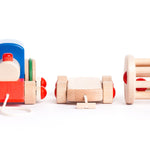 Bajo kids wooden choo choo train set lined up on a white background
