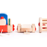 Bajo kids wooden choo choo train set lined up on a white background