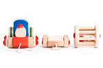Bajo kids wooden choo choo train set lined up on a white background