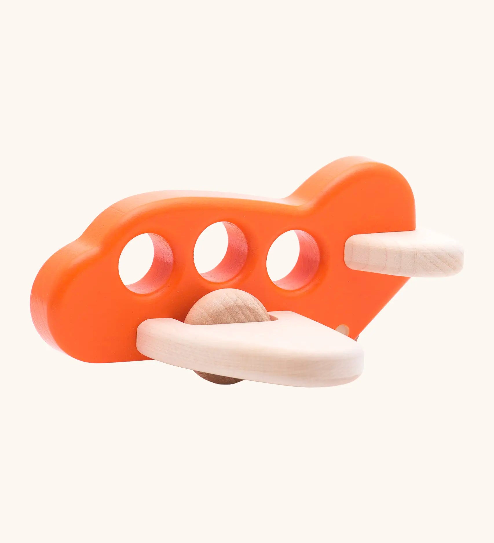 Bajo Toys wooden push along airplane in orange with 3 cut out holes as window, unpainted wings and wheels