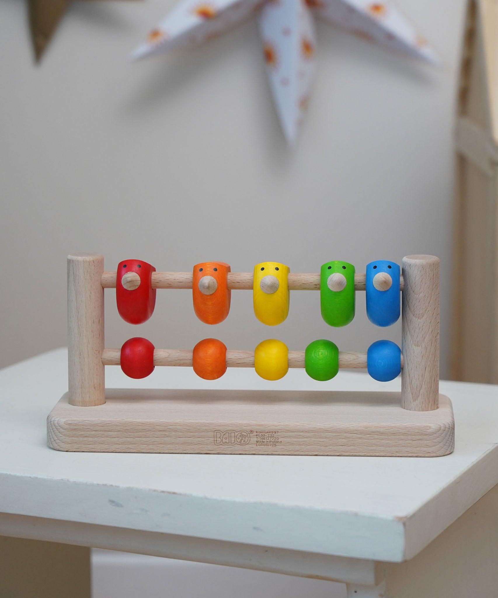 Bajo Sparrow Abacus wooden toy. This abacus has 5 little birds and 5 round counters. These heirloom quality toys by Bajo are part of a wide range of wooden toys available here at Babipur.