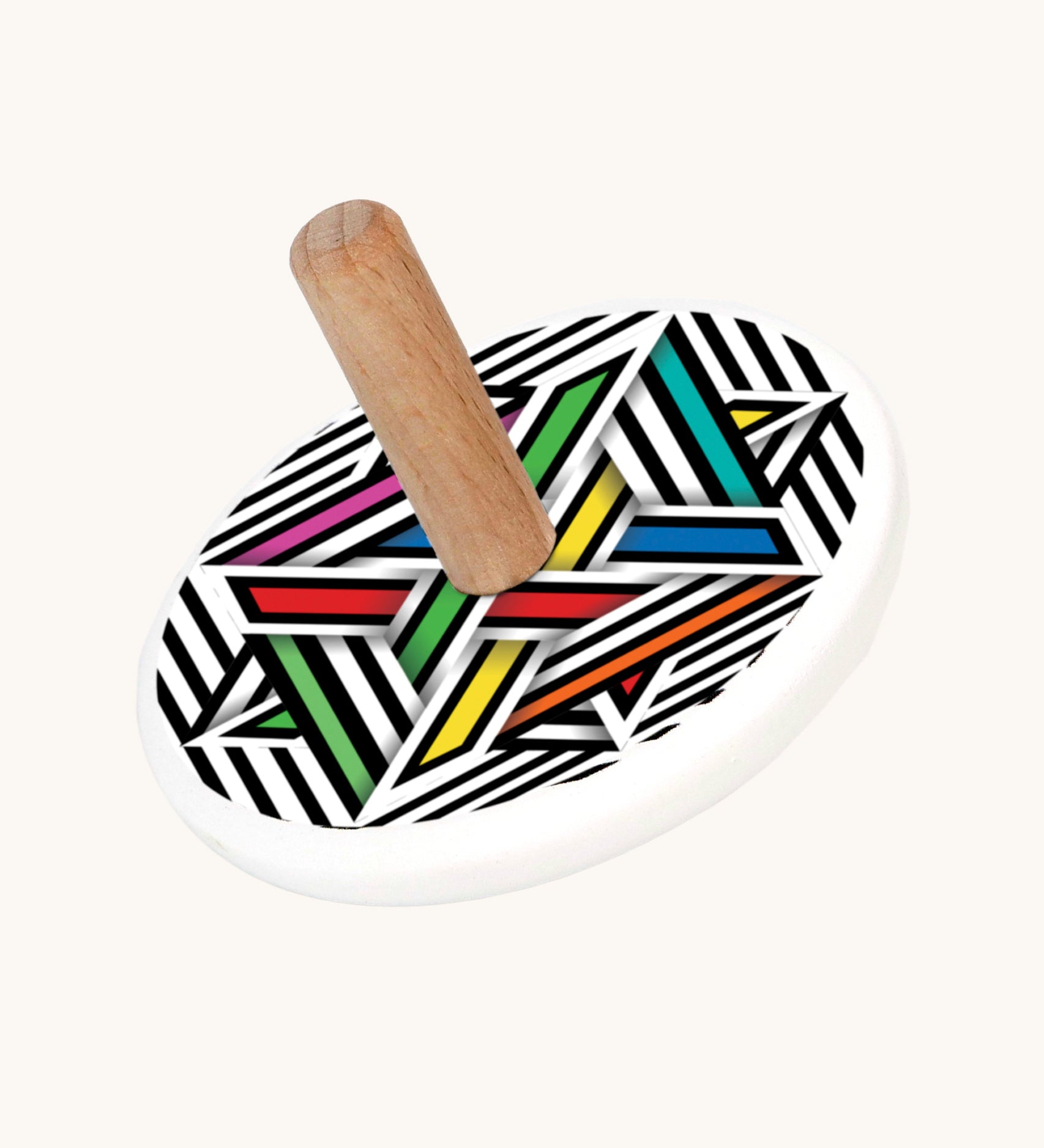 Bajo Modern Colour wooden  Spinning Top toy. A white painted spinning top with a natural wooden stick. The top features a black and white striped design with pops of colour added to some areas.
