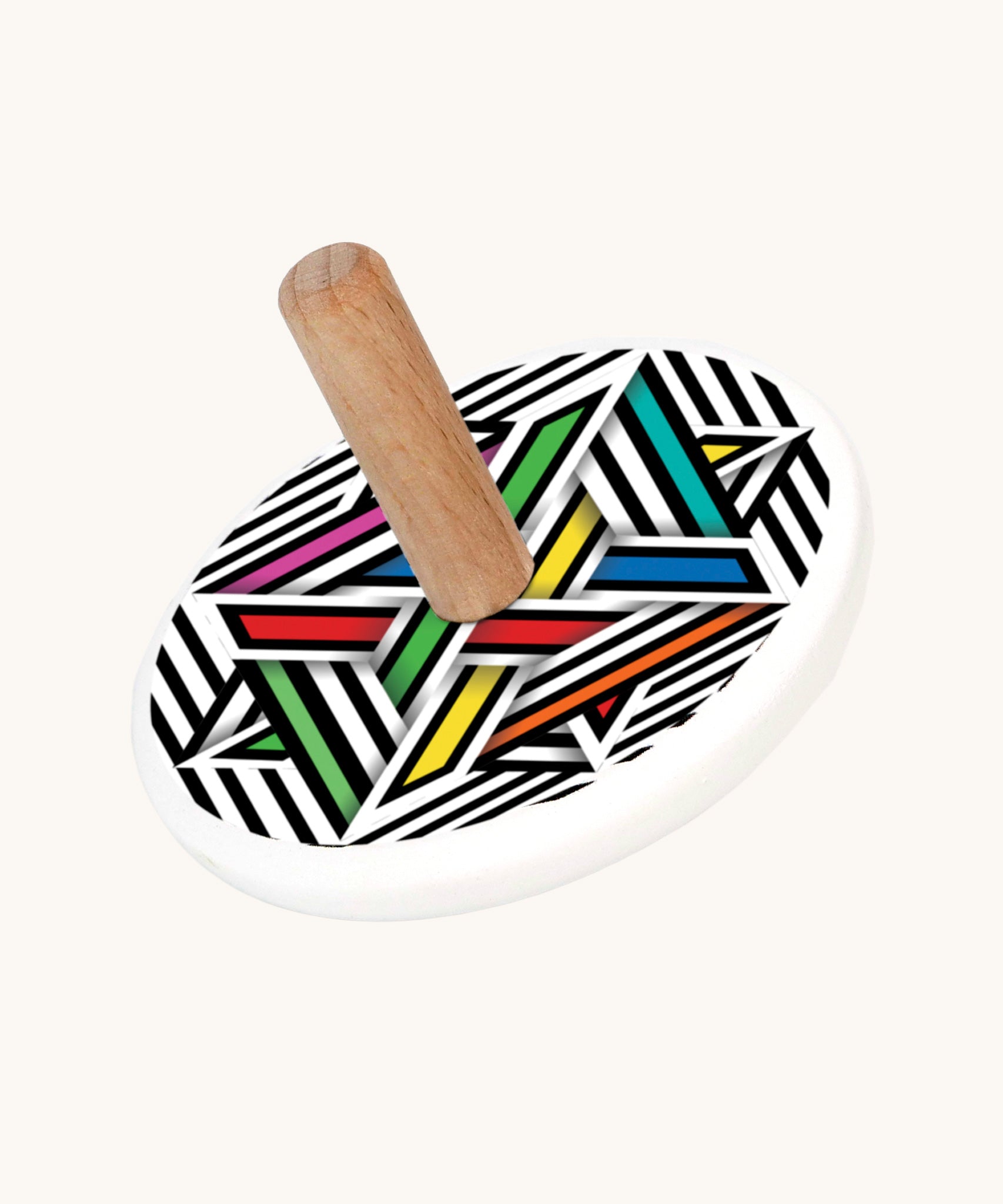 Bajo Modern Colour wooden  Spinning Top toy. A white painted spinning top with a natural wooden stick. The top features a black and white striped design with pops of colour added to some areas.